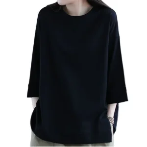 Women’s Solid 100% Cotton O-Neck Loose T-Shirt Three Quarter Sleeve Casual Breathable Eco-Friendly Summer Top