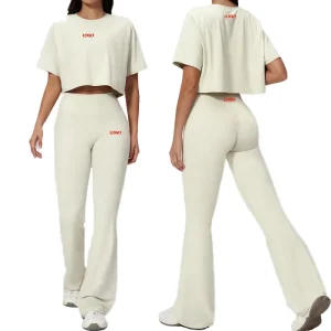 Womens Solid 2PCS Yoga Set Baggy Top High Waist Pants Quick Dry Breathable Spandex Nylon Running Athleisure Sports Gym