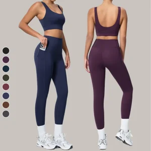 Women’s Solid Backless 2 Piece Workout Set Gym Crop Top High Elastic Leggings Removable Pads Sweat Wicking Waist Front