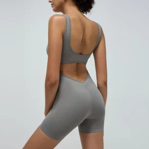 Women’s Solid Breathable Seamless Lightweight Fitness Jumpsuit Activewear Shorts Backless Lifting Yoga