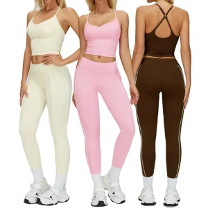 Women’s Solid Breathable Workout Sets Two-Piece Cross Back Tank Top Matching Front Mid Waist Leggings Elastic Waist Gym Outfits