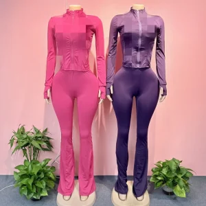 Women’s Solid Casual 2 Piece Loungewear Set with Short Crop Jacket and Matching Flare Pants for Yoga