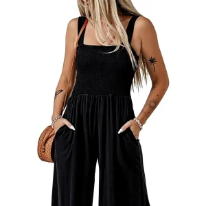 Women’s Solid Casual Loose Overalls Jumpsuits One Piece Sleeveless Wide Leg Long Pant Rompers with Pockets