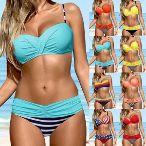 Women’s Solid Chiffon 2 Piece High Waist Slimming Bikini Swimsuit with Underwire Bra