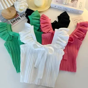 Women’s Solid Color Camisole Vest V-neck Slim-fit Short Hanging Neck Knitted Outer Wear Sleeveless Top