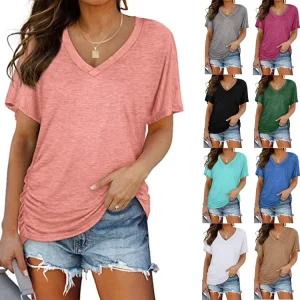 Women’s Solid Color Cotton Short Sleeve Side Pleated T-shirt