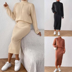 Women’s Solid Color Elegant Sweater Set High Neck Pullover & Pencil Skirt Two Piece Custom OEM Factory Direct