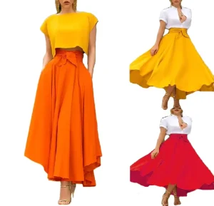 Women’s Solid Color High Waist A Line Skirt Fashion Slim Waist Bow Belt Flared Pleated Long Red Orange Yellow Gypsy Maxi Skirt