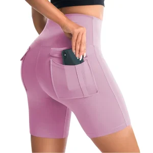 Women’s Solid Color High Waisted 8 Inch Inseam Gym Shorts with Cargo Pockets
