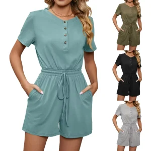 Women’s Solid Color Jumpsuit Loose Fit Short Sleeve & Tie Pocket Spring Summer Romper