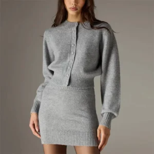 Women’s Solid Color Knit Sweater Crew Neck Long Sleeves Deep Ribbed Knitted Collar Cardigan Skirts Set Button Front Fastening