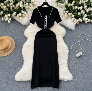 Women’s Solid Color Knitted Short Sleeve Dress Simple Tight Elegant Sweater Dress
