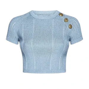 Women’s Solid Color Knitted Short-Sleeve Round-Neck Crop Top