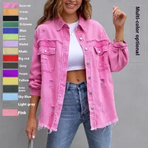 Women’s Solid Color Long Sleeved Jacket with Single Button Closure Ripped Denim Coat