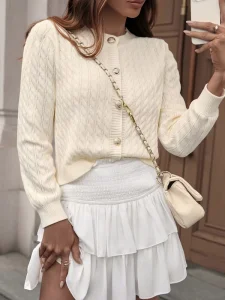 Women’s Solid Color Long sleeved Knitted Crew Neck Cardigan Gold Buttons Sweater Coat Spring Breathable Preppy Style