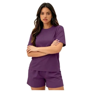Women’s Solid Color Loungewear Set Short Sleeve Crew Neck T Shirt and Elastic Shorts Casual Pajamas