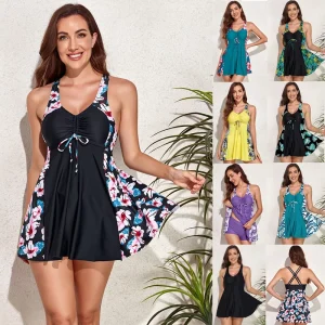 Women’s Solid Color Print Round Neck Skirt Bottom One Piece Swimsuit High Waisted Conservative Cover Spandex Nylon Quick Dry