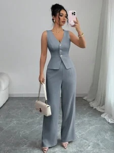 Women’s Solid Color Sleeveless Short Top Slim Vest High waisted Trousers One Set Casual Fashion Suit