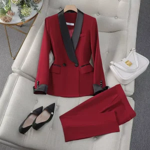 Women’s Solid Color Slim Fit Two Piece Tuxedo Suit Set with Long Sleeve Blazer and Pants for Office Formal Wear