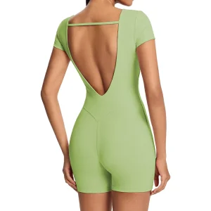 Women’s Solid Color Slim Fit Yoga Romper Running Gym Workout Shorts Bodysuit Sweat Wicking Four Way Stretch Nylon Spandex