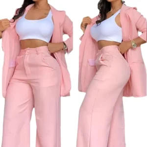 Women’s Solid Color Split Sleeved Lapel Suit With Pockets and Straight Leg Pants Set