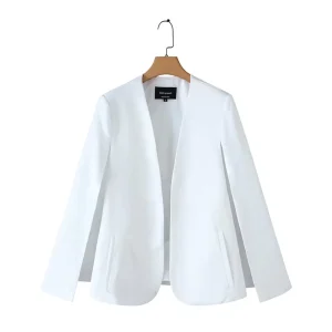 Women’s Solid Color V Neck Black White Business Blazer Office Ladies Casual Coat Split Sleeve Design Open Stitch Cape Suits