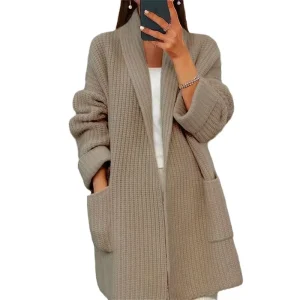 Women’s Solid Color V Neck Thickened Knit Cardigan Casual Loose Autumn Winter Long Knit Pocket Sweater Coat