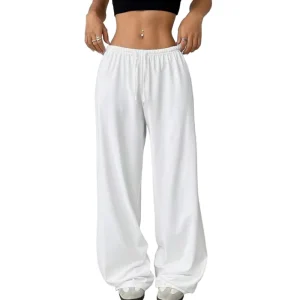 Women’s Solid Color Wide Leg Regular Fit Drawstring Flare Pants High Elastic Waist Anti Wrinkle Printed Floor Length Casual