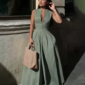 Women’s Solid Color Wide Leg V-neck Jumpsuit Casual High Waist Design Zipper Regular Fit for Spring Summer Party Rompers
