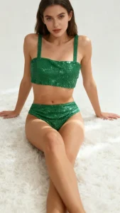 Women’s Solid Gold Silk Bikini Sexy High Waist Two Piece Swimwear Push up Bra Strapless Neckline Sequined OEM Service Available