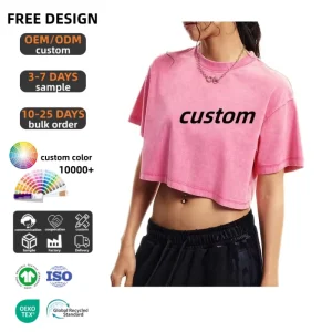 Women’s Solid Knitted 100% Cotton Crop Top Vintage Breathable Printed T-Shirt Casual Streetwear Customizable Crop Top Femme
