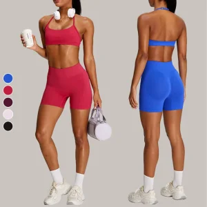 Women’s Solid Lightweight Adjustable Strap Sports Bra Breathable Scrunch Butt High Waist Front Shorts Medium Support Fitness Set