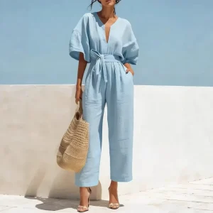 Women’s Solid Linen Blend Jumpsuit with Deep V Neck Puff Short Sleeve Self Tie Waist Belt Wide Leg Cropped Casual Romper