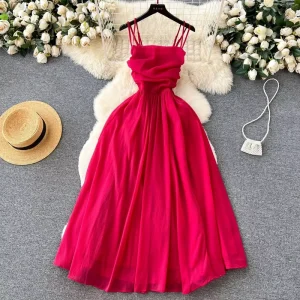 Women’s Solid Midi A-Line Sleeveless Spaghetti Strap Beach Casual Party Summer Dress High Waist