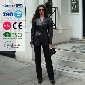 Women’s Solid PU Blazer Oversized Black Short Regular Sleeve Waterproof Autumn Casual Office Lady Jacket