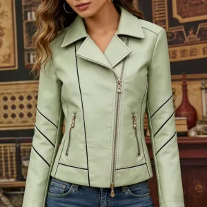 Women’s Solid PU Winter Regular Motorcycle Jacket Spring Autumn Comfortable Casual Slim Fit Stripe Crystal XL