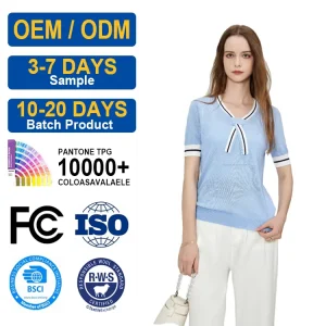 Women’s Solid Preppy Style Summer Breathable Flat Knit Short Sleeve Casual Top with Ribbed Hem and Sailor Collar 150g