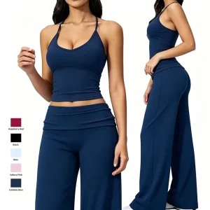 Women’s Solid Racerback Halter Tank Top & High Waist Wide Leg Pants Set Breathable Stretchy Yoga Outfit Low MOQ