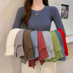 Women’s Solid Slim Casual O-Neck Sweaters Long Sleeve Knitted Top and Bottom Shirt for Office for Autumn & Spring