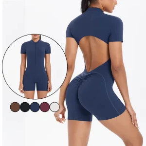 Women’s Solid Sports Bodysuit & Jumpsuit Custom Logo Gym Workout Romper with Front Zipper Active Wear for Yoga & Fitness