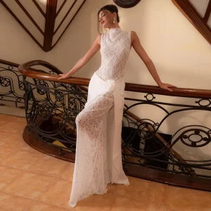 Women’s Solid Vintage A-Line Lace Eco-Friendly Floor-Length Round Neck Sleeveless Sexy Party Dress with Ruffle Natural Waist