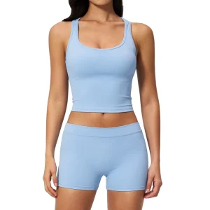 Women’s Solid Yoga Shorts Square Neck Low Waist Hip Lifter Sweat Wicking Spandex Nylon Sports Suit
