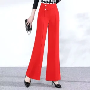 Women’s Solid-color High-waist Stretchy Casual Long Pants with Wide Legs