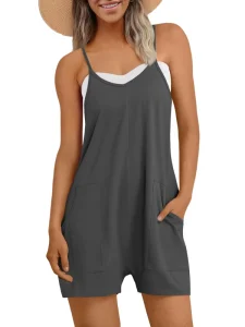 Women’s Spaghetti Strap Romper Casual Loose Short Jumpsuit With Pockets for Cruise & Vacation Wear
