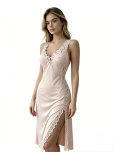 Women’s Spandex Modal Lace V Neck Short Sleeve Sleep Romper Soft Pink Lingerie Elastic Waist Custom Option for Spring Autumn