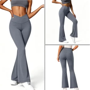 Women’s Spandex Nylon Four Way Stretch High Waist Yoga Flared Pants Breathable Ankle Length Fitness Bell Bottom Elastic Waist