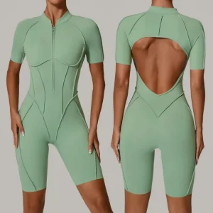 Women’s Sports Bodysuit Jumpsuit Yoga Fitness Training Playsuit With Zippers One Piece Workout Sportswear