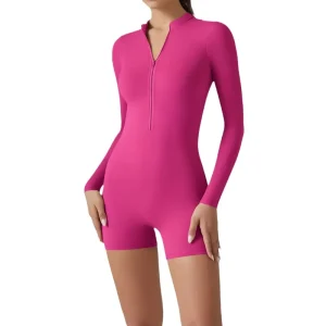 Women’s Sports Bodysuit Long Sleeve Compression Dance Jumpsuit G String Yoga Active Fit Half Zipper Jumpsuit
