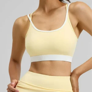 Women’s Sports Bra High Strength Shockproof Fixed Cup Yoga Bra Vest Breathable Contrast Color Cross Back Design