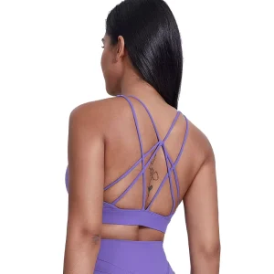 Women’s Sports Bra for Running & Fitness Nude Cross Back Vest Breathable Yoga Sports Bra with Front Logo White Sports Top Women